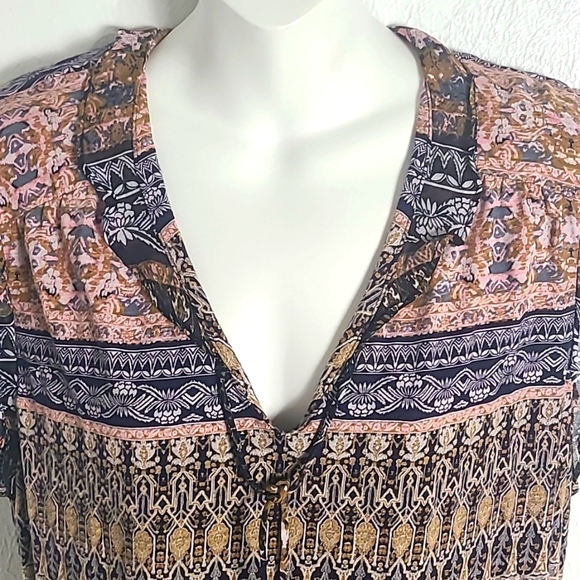 Lucky Brand Multicolor Blouse with Ruffle Cap Sleeves, V-neck with Tie, Size XL - Picture 2 of 8